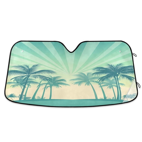 Universal Fit Accordion Auto Sunshade Windshield Sunshade 53'' x 23.5'' Green Palm Trees