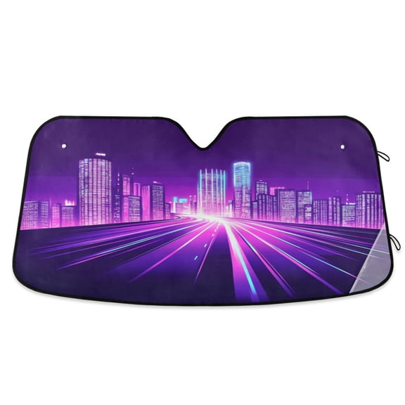Universal Fit Accordion Auto Sunshade Windshield Sunshade 55'' x 27.6'' Purple City Skyline