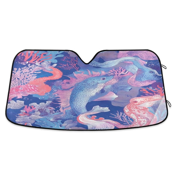 Universal Fit Accordion Auto Sunshade Windshield Sunshade 55'' x 27.6'' Sea Creatures Pattern