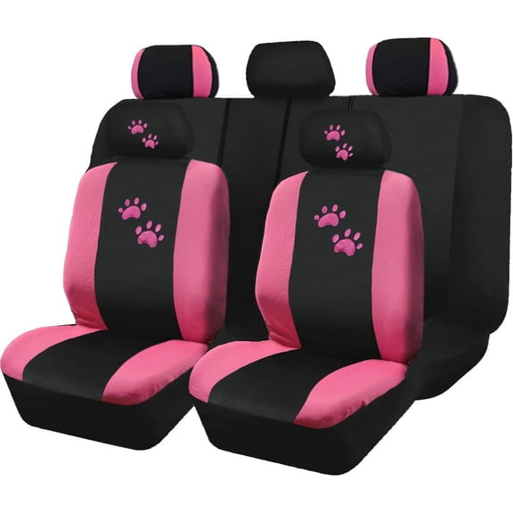 Universal Fit Car Seat Covers - Premium Black Flat Cloth with Stylish Cute Embroidery Animal Dog Car Pink Paws Design, Front & Rear Full Set for 50/50 & 60/40 Split Rear Seats