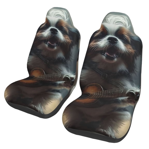 Universal Fit Car Seat Covers, Set of 2, Breathable Bucket Seat Protectors for Cars, SUVs, Trucks, Vans, Dog Playing Guitar Cute Music