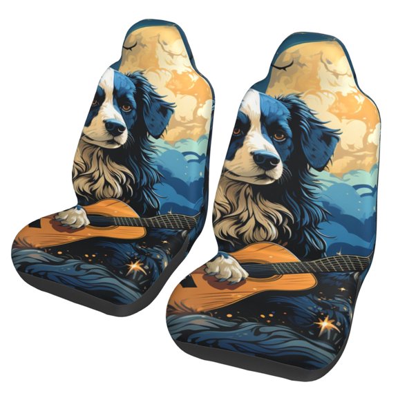 Universal Fit Car Seat Covers, Set of 2, Breathable Bucket Seat Protectors for Cars, SUVs, Trucks, Vans, Dog Playing Guitar Starry Sky