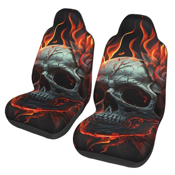 Universal Fit Car Seat Covers, Set of 2, Breathable Bucket Seat Protectors for Cars, SUVs, Trucks, Vans, Ghost Fire Skull Burning Roses