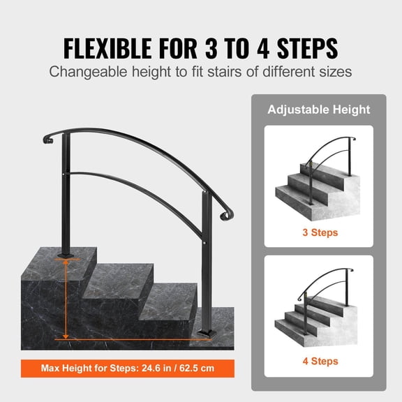 Universal Fit Handrail for 1, 2, 3, or 4 Step Stairs | Matte Black Finish Wrought Iron with All Mounting Hardware | Indoor/Outdoor Stair Rail for Safety and Support