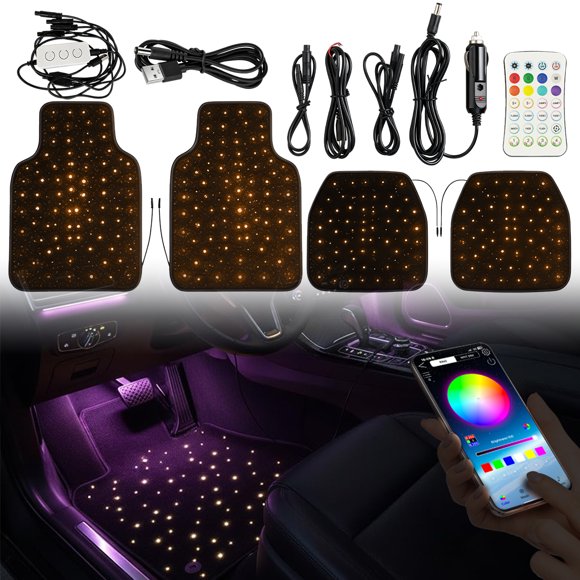 Universal Fit Starlight LED Car Floor Mats , RGB Starry Sky Ambient Light Car Mats with App & Remote Control, 4Pcs Non-Slip NylonCarpet Set for SUVs Sedans Trucks