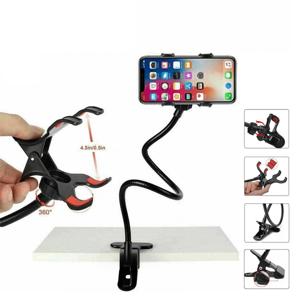 Universal Flexible Gooseneck Phone Holder, Lazy Bed & Desk Clip Mount with Adjustable Arm for Smartphone, Tablet Watching