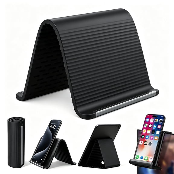 Flexible Silicone Phone Holder, Foldable Stand for Cell Phones and Tablets, Portable Travel and Desktop Smartphone Stand for Hands-Free Viewing, Video Calls, Reading, Work or Streaming, Black