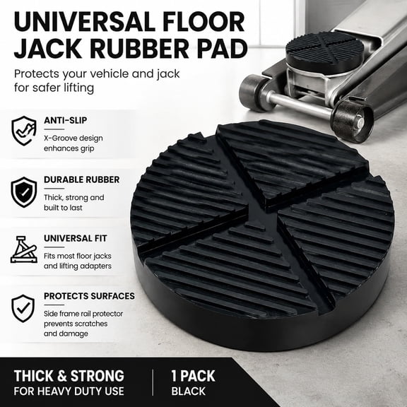 Universal Floor Jack Rubber Pad, Upgraded Anti-Slip Jack Pad Adapter with Pinch Weld Side Frame Rail Protector, Thick X-Groove Cushion Puck for Safe Vehicle Lifting, 1 Pack