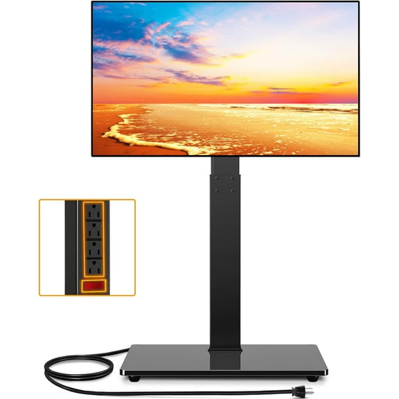 Universal Floor TV Stand Base for 32-75 Inch TVs up to 110 Lbs with Swivel Height Adjustable Mount, Black Tempered Glass Base for Media Storage and Space Saving