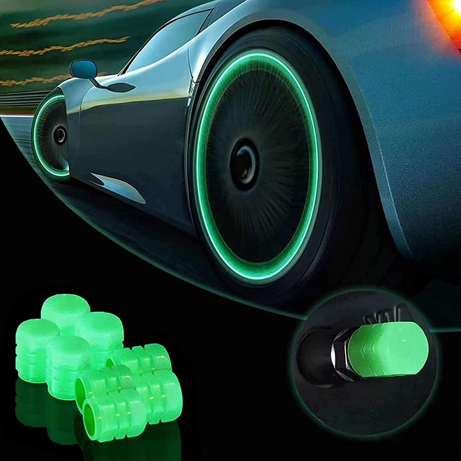 Universal Fluorescent Car Tire Valve Caps, 8Pcs Luminous Tire Air Valves Stem Caps, Glow in The