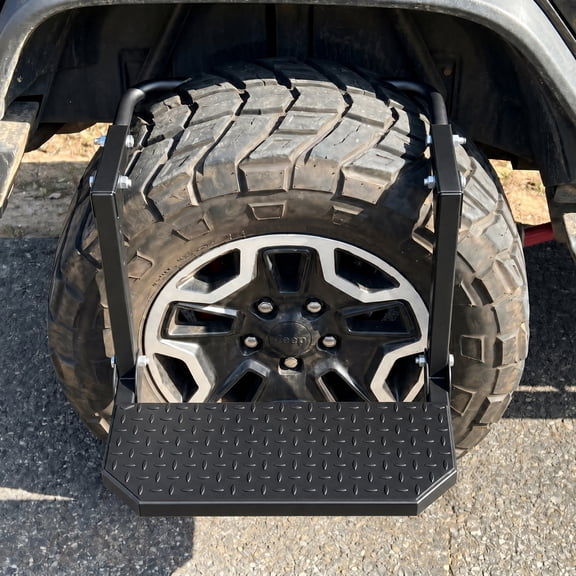 Universal Folding Tire Step, Heavy Duty Adjustable Side Step for Truck, SUV, RV, Anti-Slip Tire Mounted Step, 300 lbs Capacity, Fits 10.2" - 14.4" Tires, Black