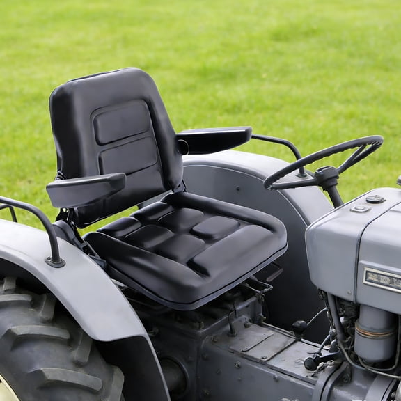 Universal Forklift Seat, PU Leather Tractor Seat with Adjustable Backrest, Armrest and Slide Rails, Heavy Duty Foldable Forklift Seat Lawn Mower Seat for Excavator, Harvester, Truck, Skid Loader
