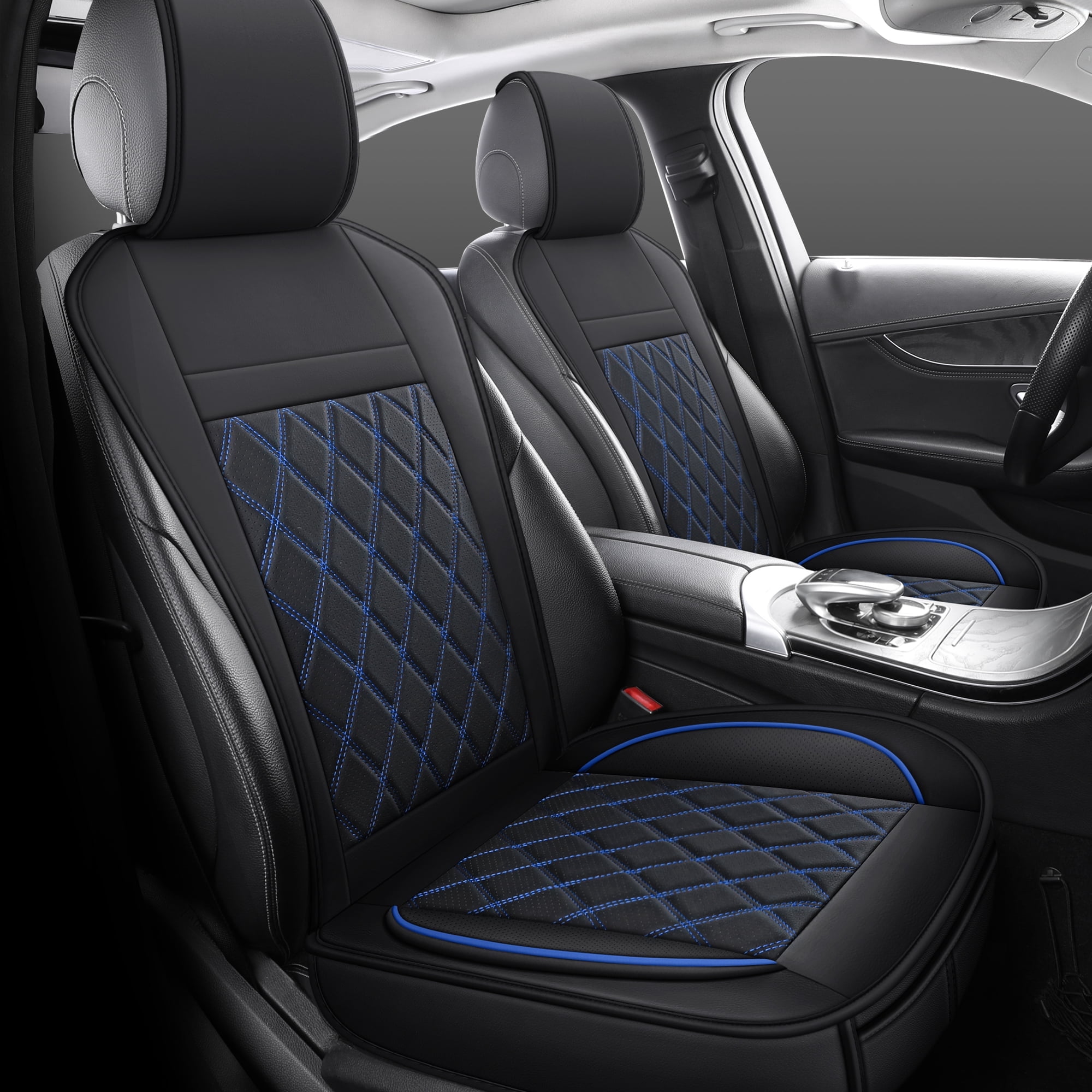 Universal Front Car Seat Covers for 2 Seats, Black-Blue Trim, Stylish Interior Upgrade for Cars SUVs Trucks, Full Surround Anti-Wear Waterproof Front Seat Protector