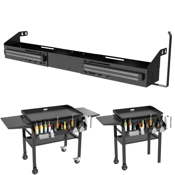 Universal Front Griddle Caddy for Blackstone Griddles from 28" to 36", Front Tool/Bottle Shelf with 2PCS Magnetic Tool Holder & Paper Towel Holder for Blackstone Griddle, Space Saving Storage Caddy