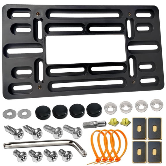 Universal Front License Plate Bumper Mount Kit, Black Aluminum Car Tag Holder Adapter with Anti-Theft Lock Screw Caps, Fits US Cars, Trailers and Trucks