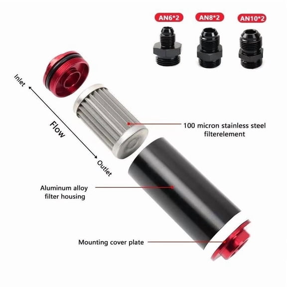 Universal Fuel Filter Kit Compatible with Gasoline Diesel E85 and Hydraulic Applications, 100-Micron Stainless Steel Element, 50mm Red Filter with AN Fittings, 1-Pack