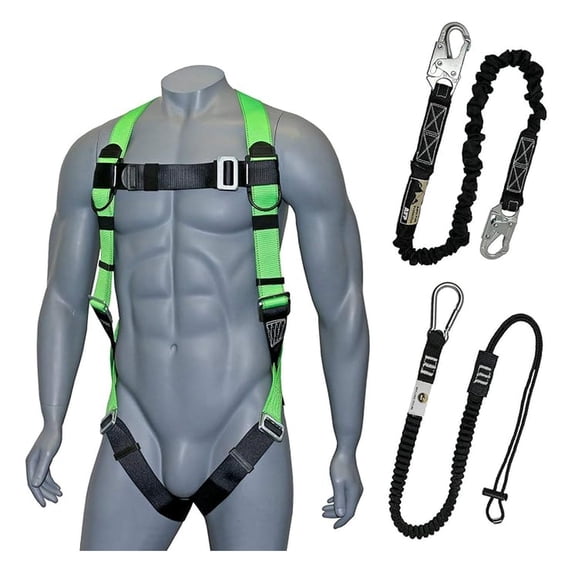Universal Full-Body Fall Protection Safety Harness with Dorsal D-Ring and Mating Buckle Legs | High-Visibility Green | Shock Absorbing Lanyard & Tool Lanyard (OSHA/ANSI)