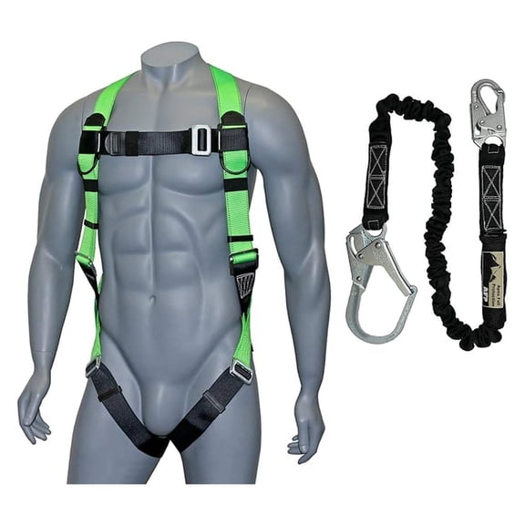 Universal Full-Body Fall Protection Safety Harness with Dorsal D-Ring and Mating Buckle Legs | Roofer, Construction, Scaffolding PPE | High-Visibility Green | Shock Absorbing Lanyard (OSHA/ANSI)