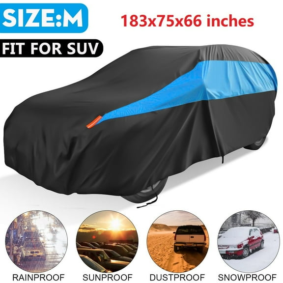Universal Full Car Cover for SUV Waterproof All Weather UV Protection Snowproof Rain Sunproof Dust-proof Windproof, Size M, 183x75x66 inches