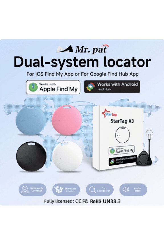 Universal GPS Tracker, Mr.pat Dual-System Locator for iPhone & Android , MFI-Certified Global Anti-Theft Device for Wallets, Backpacks, Pets, and Keys (2-Pack)