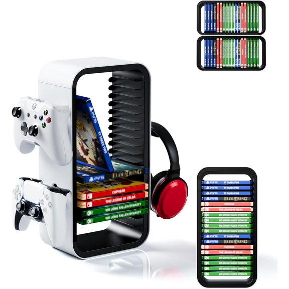 Universal Games Storage Tower Pro - for Up to 18 Games - with Controller Holder for up to 4 Gamepads - Gaming Accessories for PS5, PS4, PS3, Xbox X/S/One, Switch 1 + 2, Switch OLED, BluRay,