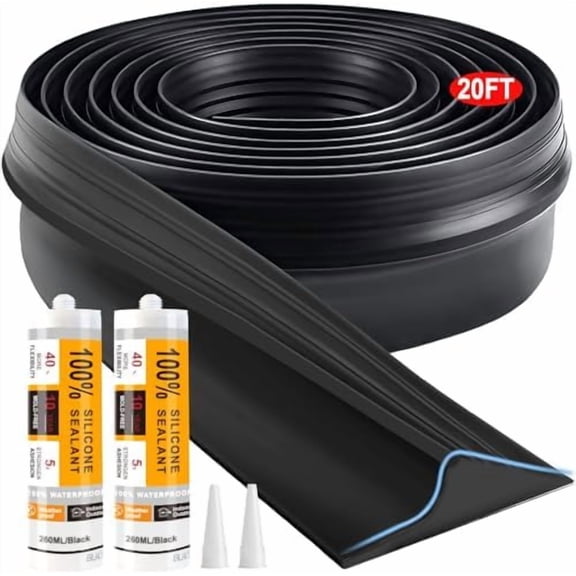 Universal Garage Door Threshold Seal Strip 20FT Kit, Bottom Waterproof Rubber Weather Stripping Replacement(Black, 2 Adhesive)