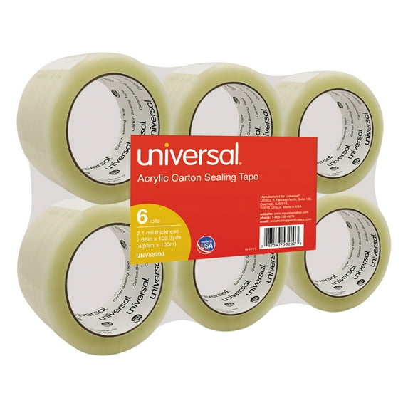 Universal General-Purpose Acrylic Box Sealing Tape, 48mm x 100m, 3" Core, Clear, 6/Pack