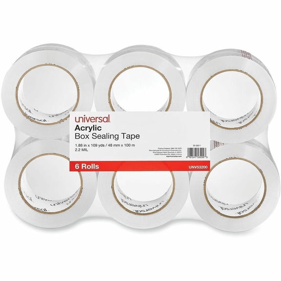 Universal General-Purpose Acrylic Box Sealing Tape, 48mm x 100m, 3" Core, Clear, 6/Pack