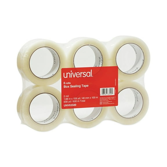 Universal General-Purpose Box Sealing Tape, 48mm x 100m, 3" Core, Clear, 6/Pack -UNV63500