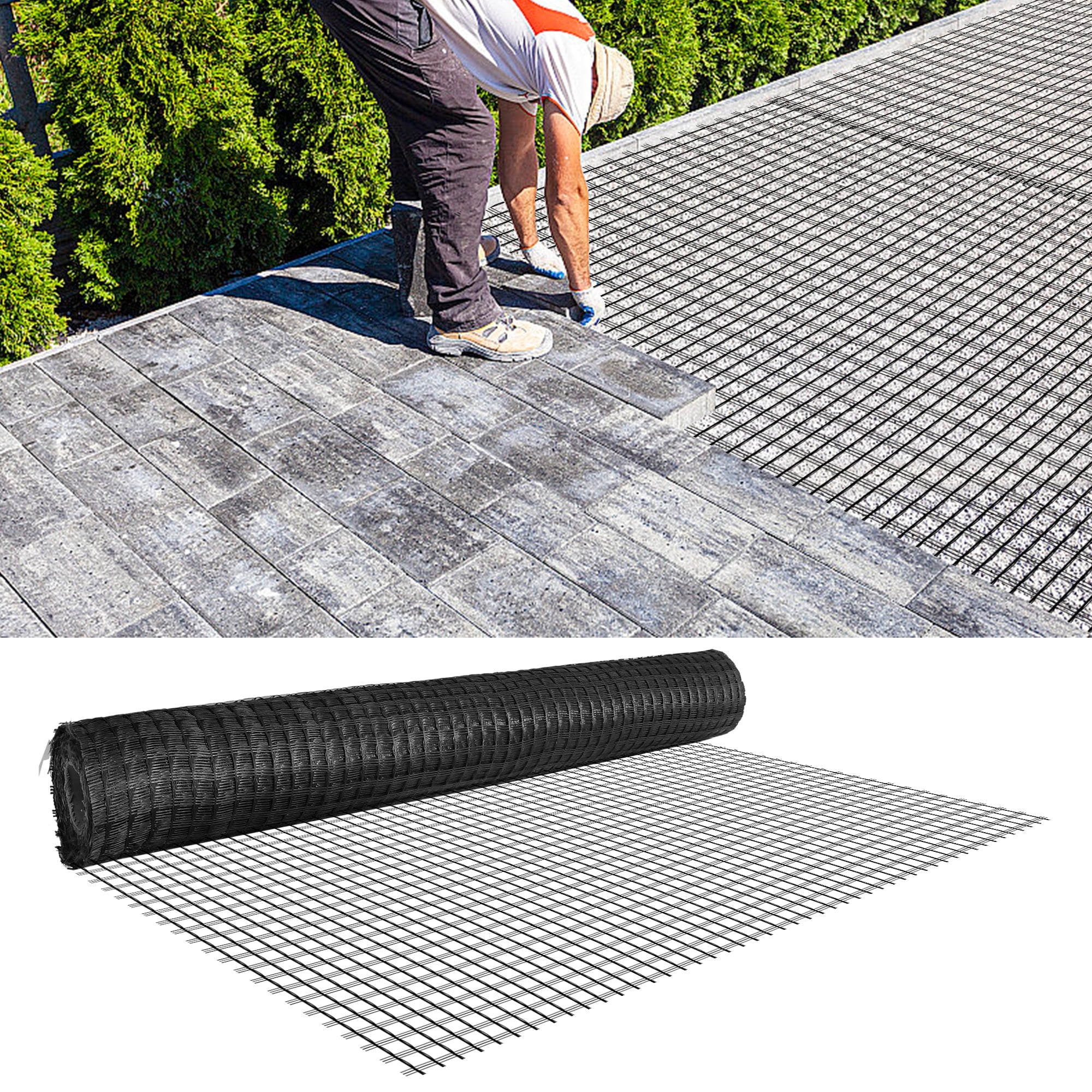 Universal Geogrid Roll Retaining Wall Fiberglass Geogrid, 3.84ft x 164ft 50KN Tensile Strength Driveway Ground Gravel Grid with Mounting Screws for Asphalt Pavement and Soil Road Slope Reinforcement