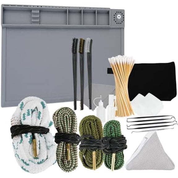 Universal Gun Cleaning Kit for Handguns and Rifles, Gun Cleaning Supplies Includes 9mm/5.56mm/12Ga Gun Cleaning Snake, Gun Cleaning Mat with Brushes, Picks, Swabs, Patches, Empty Oil Bottle$$Other