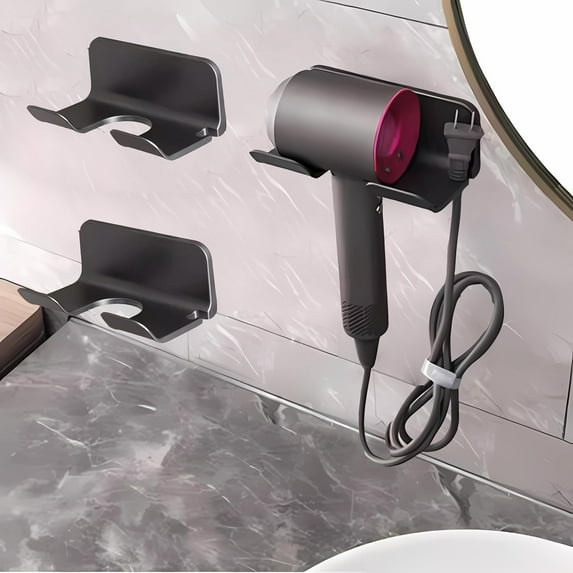 Universal Hair Dryer Holder, Blow Dryer Hanger Wall Mount for Hair Dryer Hook with Plug&Cord Organizer Self Adhesive for Cabinet Bathroom(1 Pack Black)