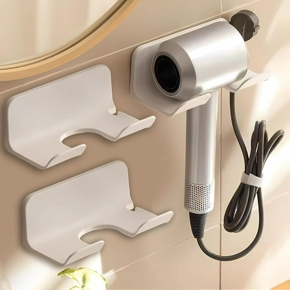 Universal Hair Dryer Holder, Blow Dryer Hanger Wall Mount for Hair Dryer Hook with Plug&Cord Organizer Self Adhesive for Cabinet Bathroom(2 Pack White)