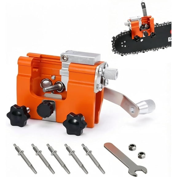 Universal Hand-Crank Chainsaw Sharpener Kit for 4-22" Saws, 5 Grinding Burrs, for Outdoor Use, Ideal for Loggers & DIYers (Orange)