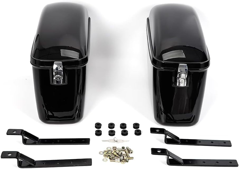 Universal Hard Saddle Bags Trunk W/Lid \u0026 Latch Key, ABS Motorcycle Hard Saddlebags w/Mounting Kit Compatible, Motorcycle Black Hard Saddlebags Fit for Honda Yamaha Harley Suzuki Kawasaki