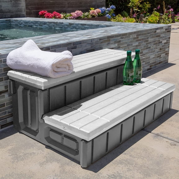 Universal Heavy Duty 2-Step Spa & Hot Tub Step Porch Steps with Large Storage Compartment Non-Slip Resistant Step Stairs 36" Inches Long Stool Pool Ladder, Grey