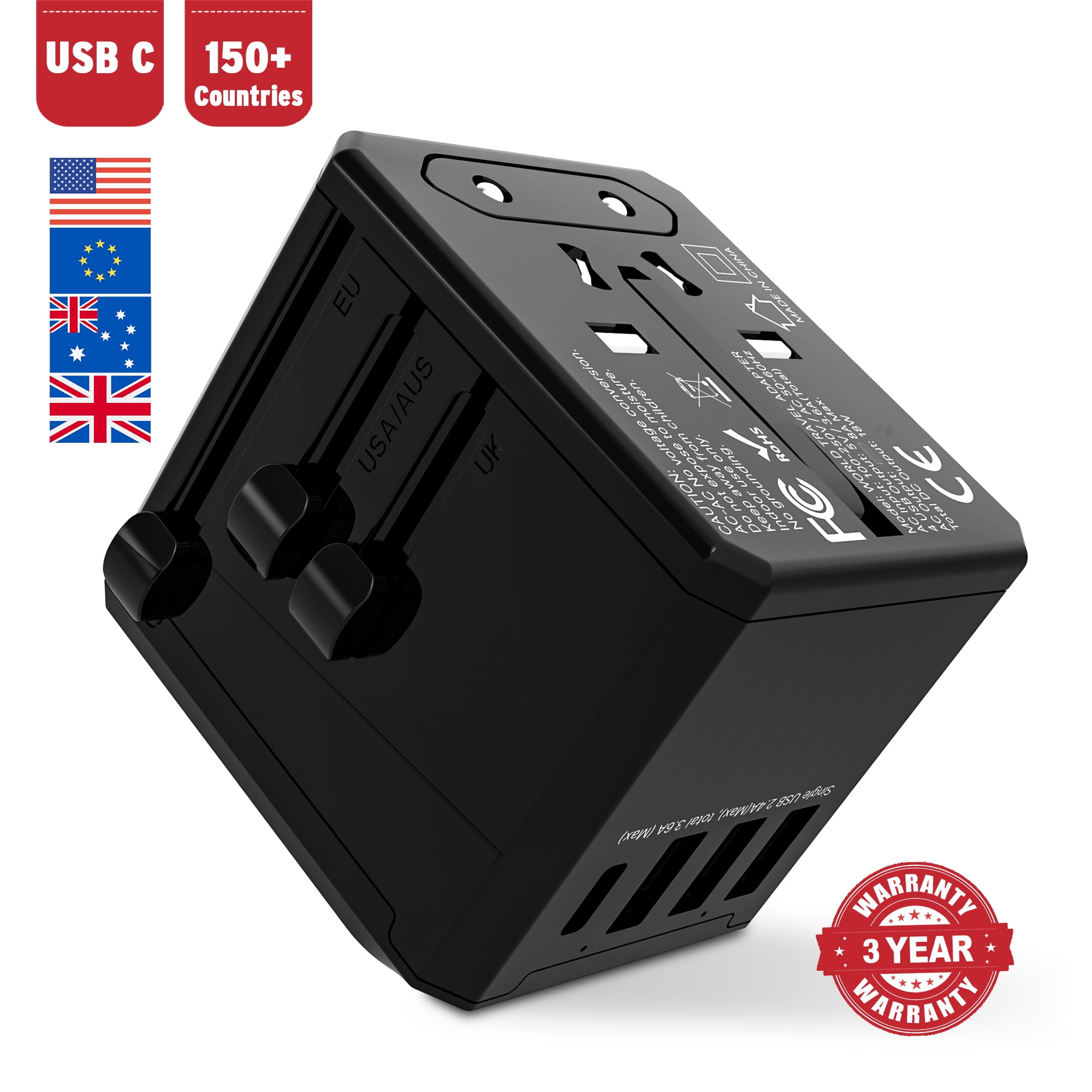 Universal International Travel Adapter Converter with USB Type C, Plug Adapter for European, USA, EU, UK, AUS, East Asia, Middle East, China, Japan, Korea, 150+ Countries, 110V and 220V