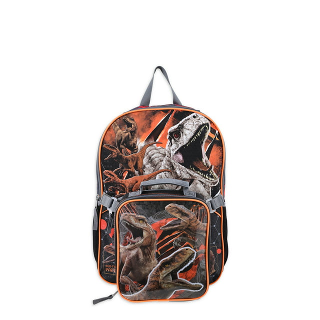 Universal Jurassic World Boys 17" Laptop Backpack 2-Piece Set with Lunch Bag, Black Orange
