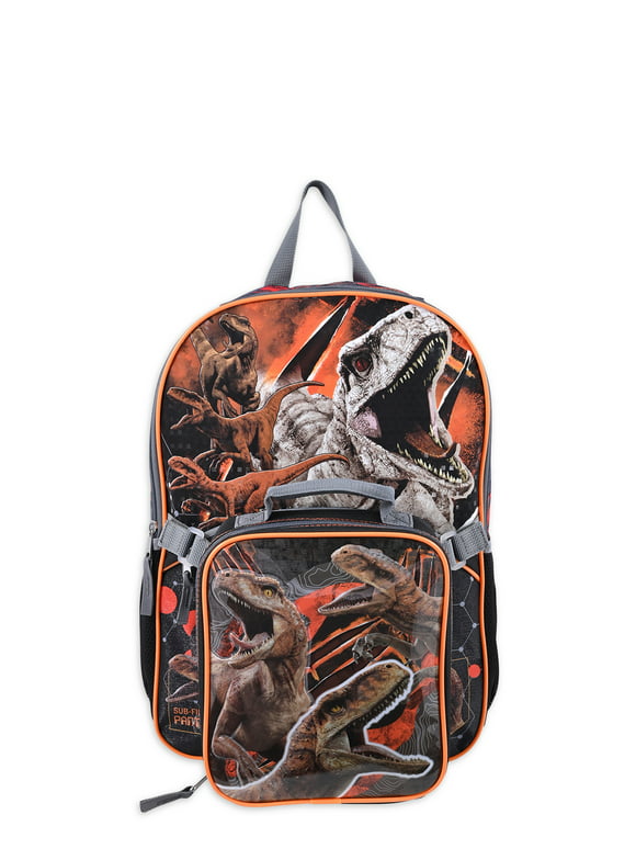 Universal Jurassic World Boys 17" Laptop Backpack 2-Piece Set with Lunch Bag, Black Orange