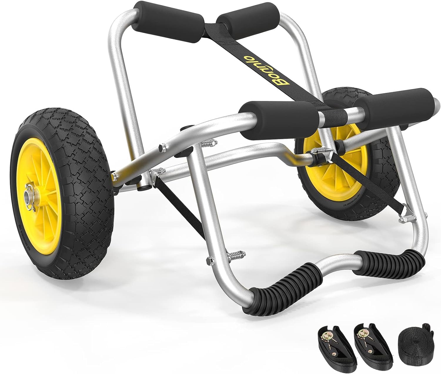 Universal Kayak Cart - Can transport kayaks, canoes, paddleboards, floating mats, and small flat-bottom boats - Features non-inflatable solid tires and 2 ratchet straps: Sports & Outdoors