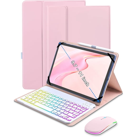 Universal Keyboard Case for 9.7",10.1",10.2",10.5",10.9",11" | Tablets iPad Samsung Fire Pixel Android 10.1 inch, 7 Color Rainbow Backlit Removable Keypad with Pen Holder(Pink) + Mouse