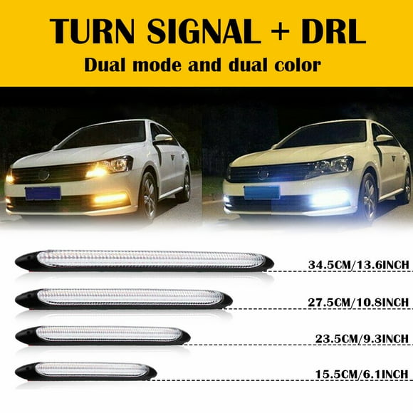 Universal LED Daytime Running Lights Strips White Light Turn Signal Yellow Flow-15.5/23.5/27.5/34.5cm