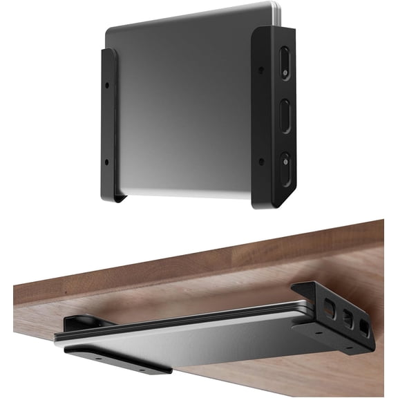 Universal Laptop Wall Mount or Under Desk Mount Holder, Fit for MacBook, Keyboard, Surface, Router, Modems and More Small Devices Up to 40mm/1.57in Thick, Fixed by Screw or Adhesive (Black)