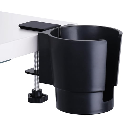 Universal Large Desk Cup Holder Clamp On Heavy Duty Plastic Anti Spill Clip On Drink Holder for Table Porch Swing Patio Chair Fits Most Cups Bottles Cans Tumbles Black Pack of 2