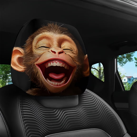 Universal Laughing Monkey Printed Car Headrest Cover 2Pcs Polyester Knit No Filler Washable Easy Install Cute Animal Auto Decor