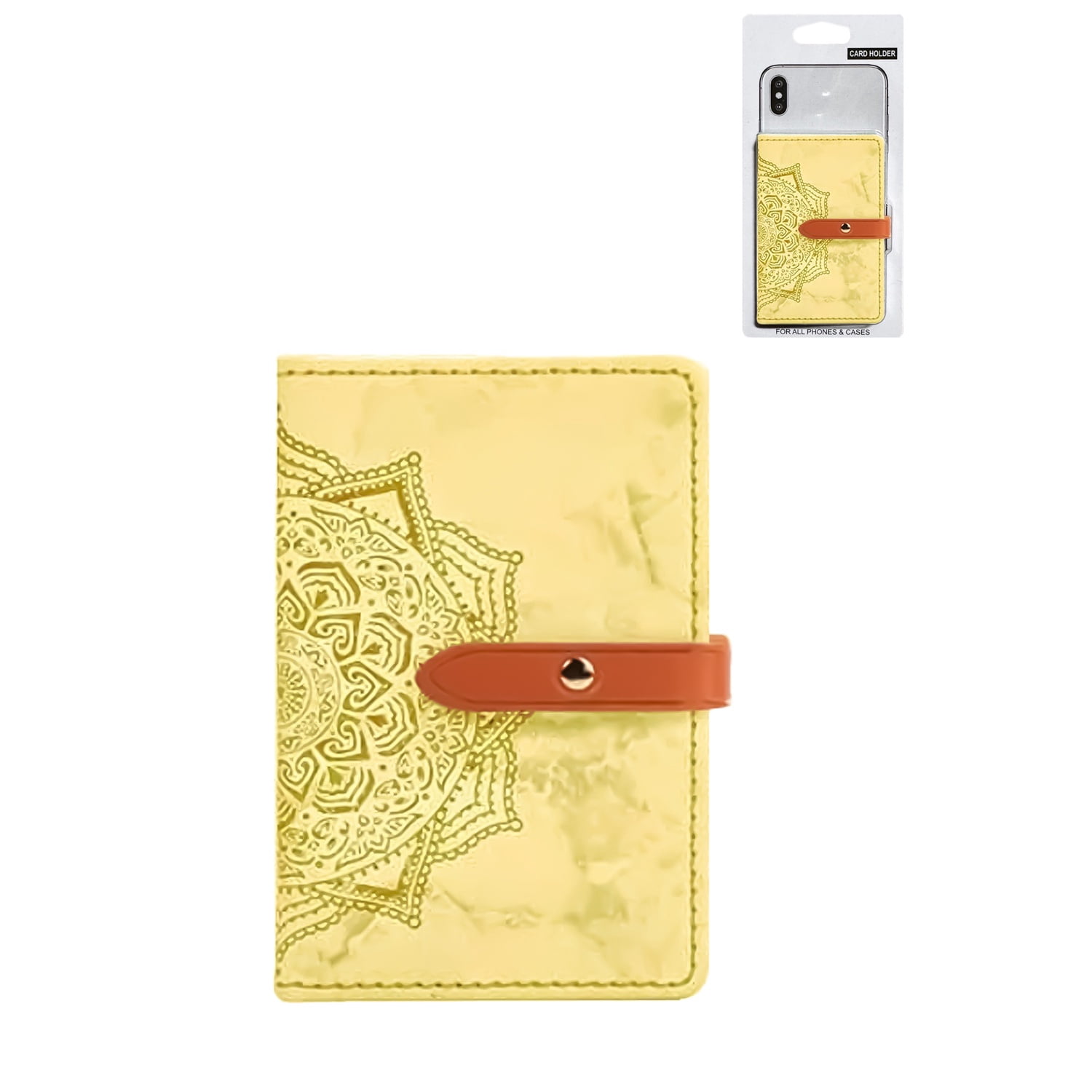 Universal Leather Stick-On Card Holder with Elegant Floral Design - Yellow