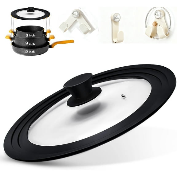 Universal Lid for Pots, Pans and Skillets, Pot Lid With Heat Resistant Silicone Rim and Tempered Glass,Fits 8", 9", 10" Diameter Pots and Pans with Stent,Black