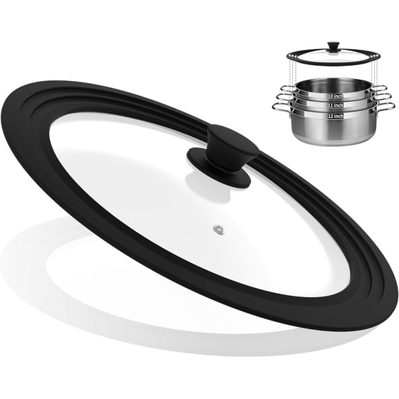 Universal Lid for Pots, Pans and Skillets Vented Tempered Glass with Heat Resistant Silicone Rim, Fits 10 inch, 11 inch, 12 inch Cookware, Replacement Lid, Black