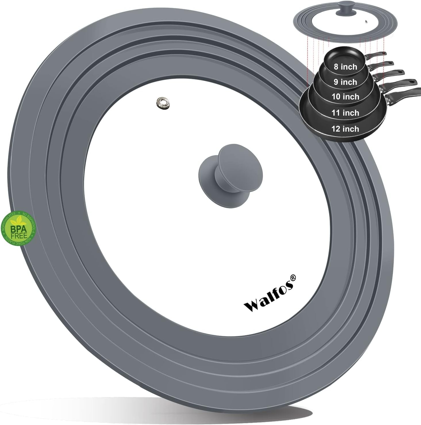 Universal Lid for Pots, Pans and Skillets - Walfos Tempered Glass Pan Lid with Heat Resistant Silicone Rim, BPA Free Large Pot Lids Fits 8" to 12" Diameter Cookware, Dishwasher-Safe, Grey