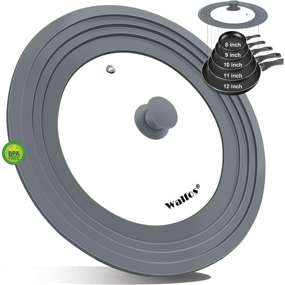 Universal Lid for Pots, Pans and Skillets - Walfos Tempered Glass Pan Lid with Heat Resistant Silicone Rim, BPA Free Large Pot Lids Fits 8" to 12" Diameter Cookware, Dishwasher-Safe, Grey